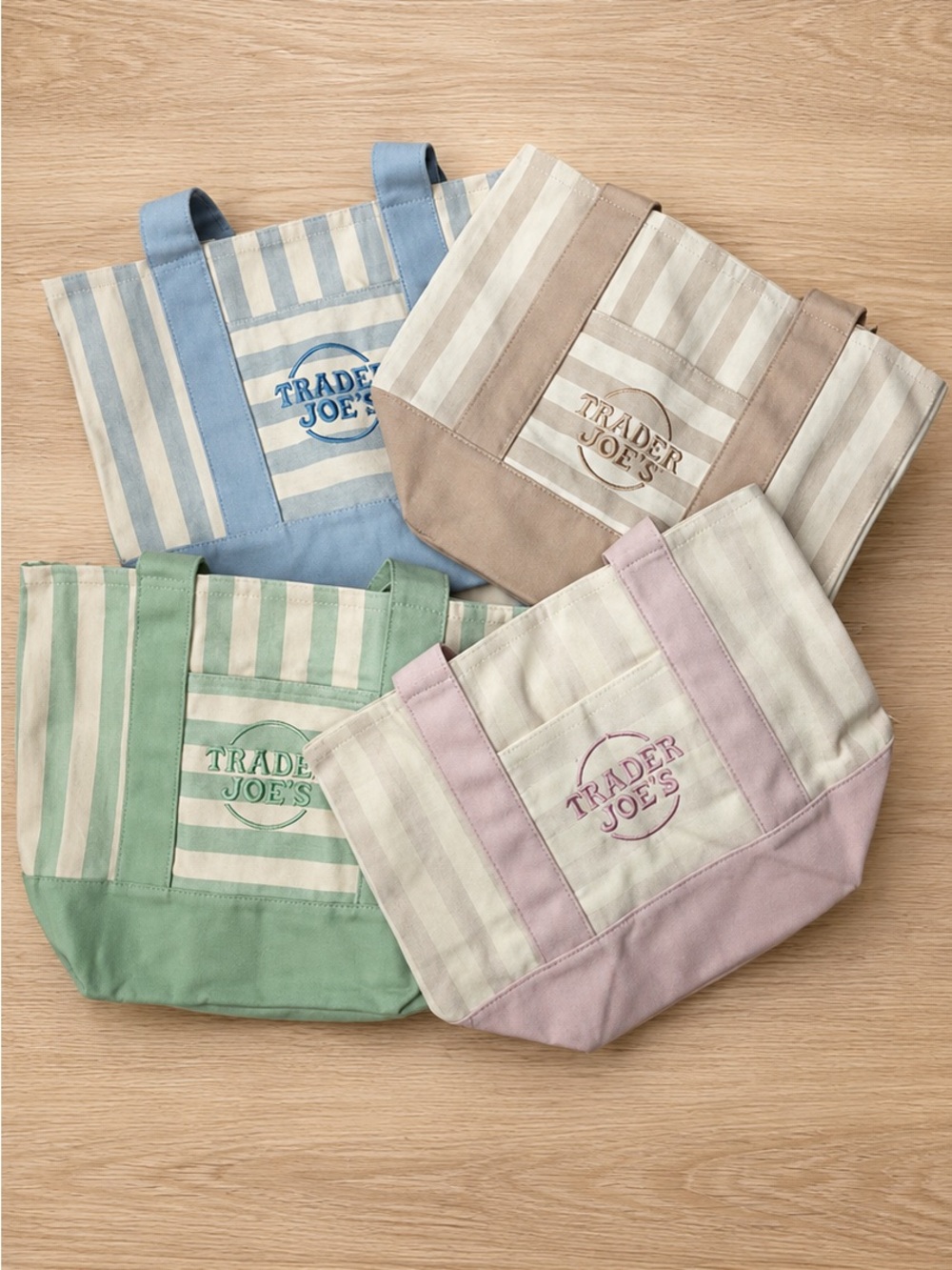 🆕 Trader Joe's Mini Pastel Striped Canvas Tote Bags – Set of 4 – Pink Green Blue